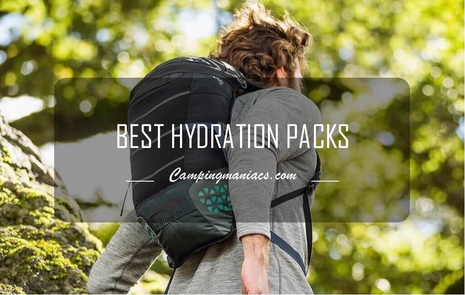 image of woman carrying hydration backpack while hiking with title Best Hydration Packs