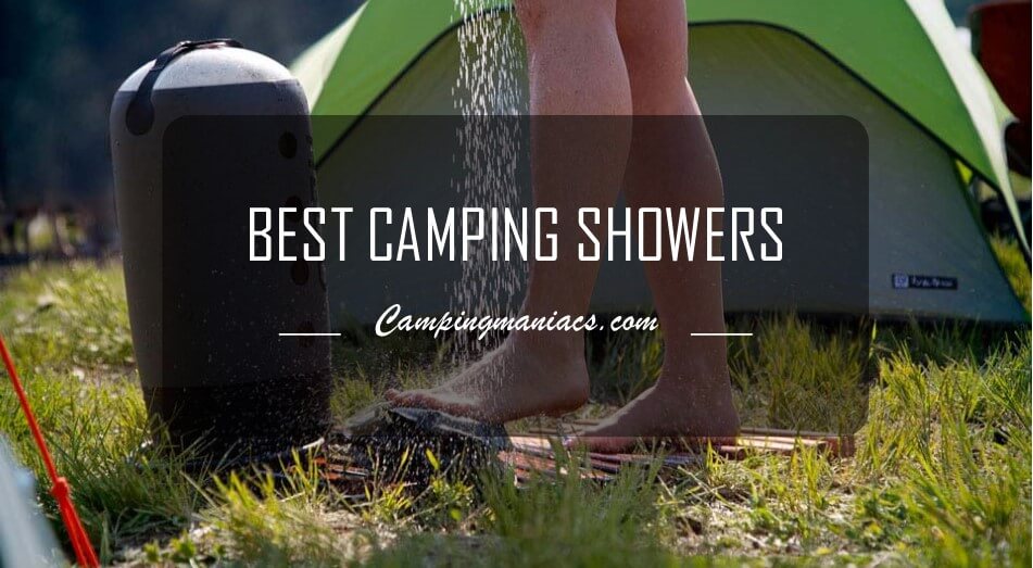 image of lower legs of person showing water spray while using shower at campsite with title Best Camping Showers