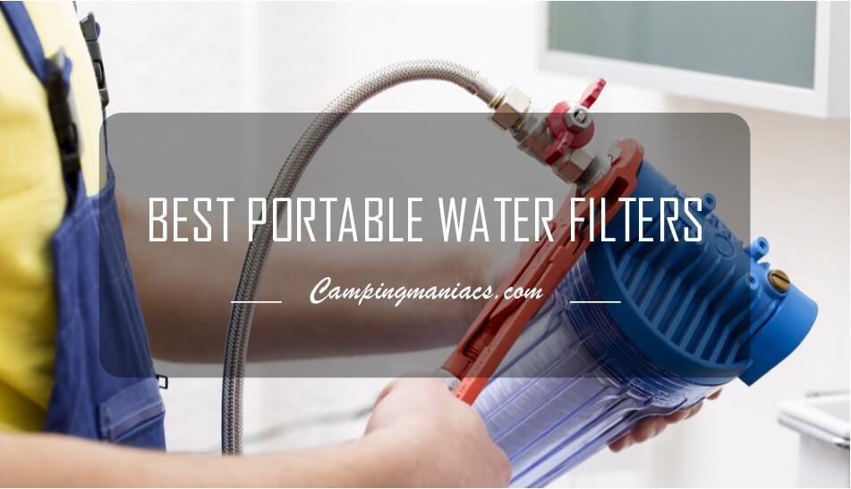 image closeup of person holding backpacing water filter with title Best Portable Water Filters