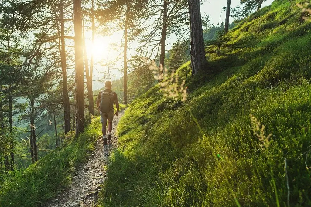 a man taking on a trail in the forest