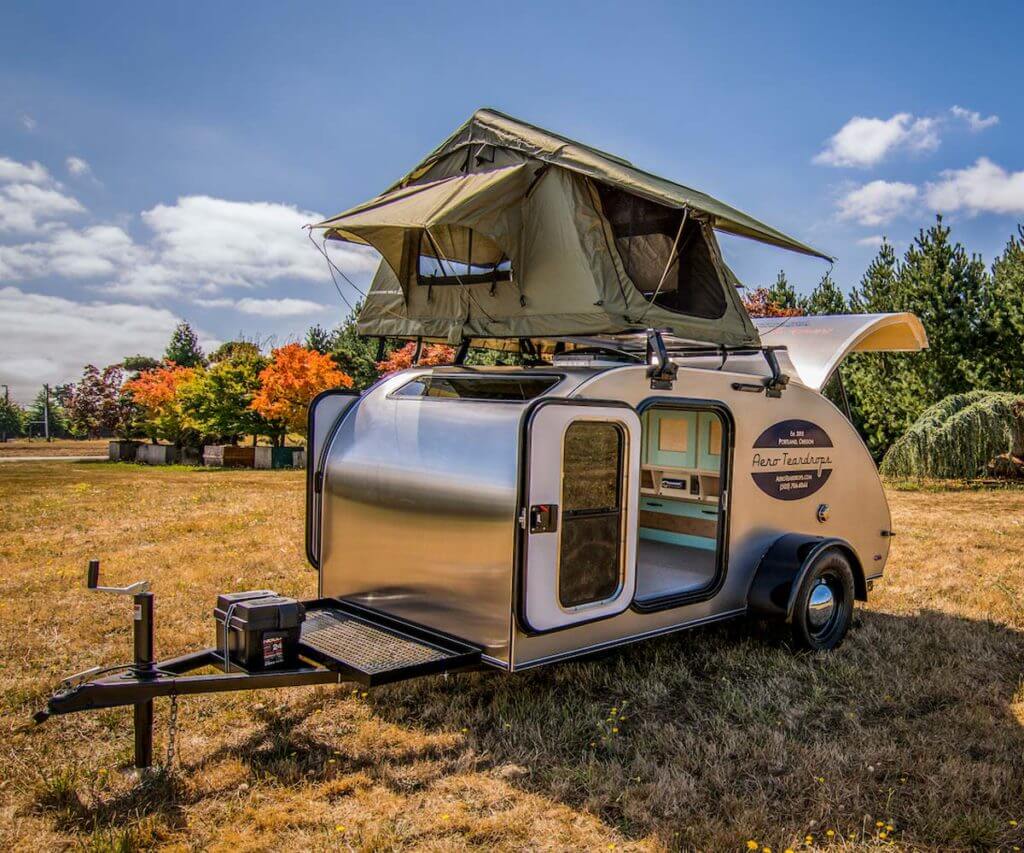Aero Teardrop trailer with a tent addon on top