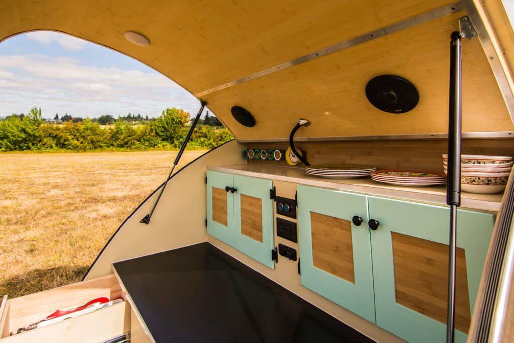 Aero Teardrop trailer showing the kitchen compartment at the back