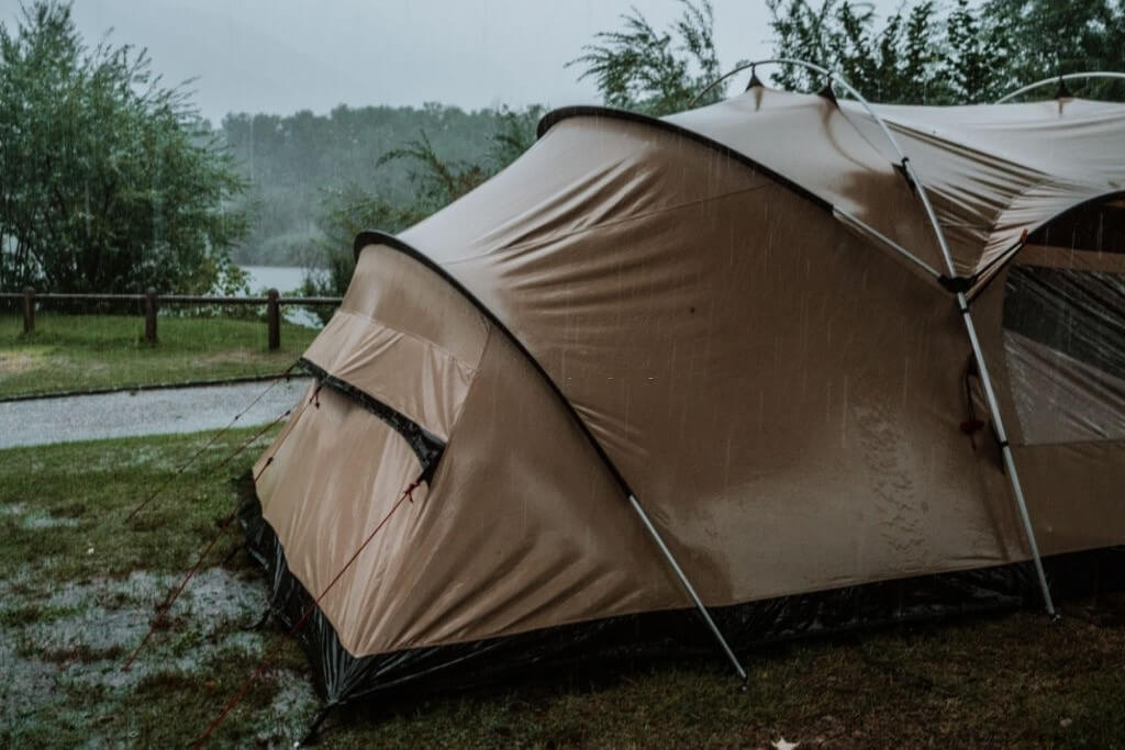 camping tent in a rainstorm