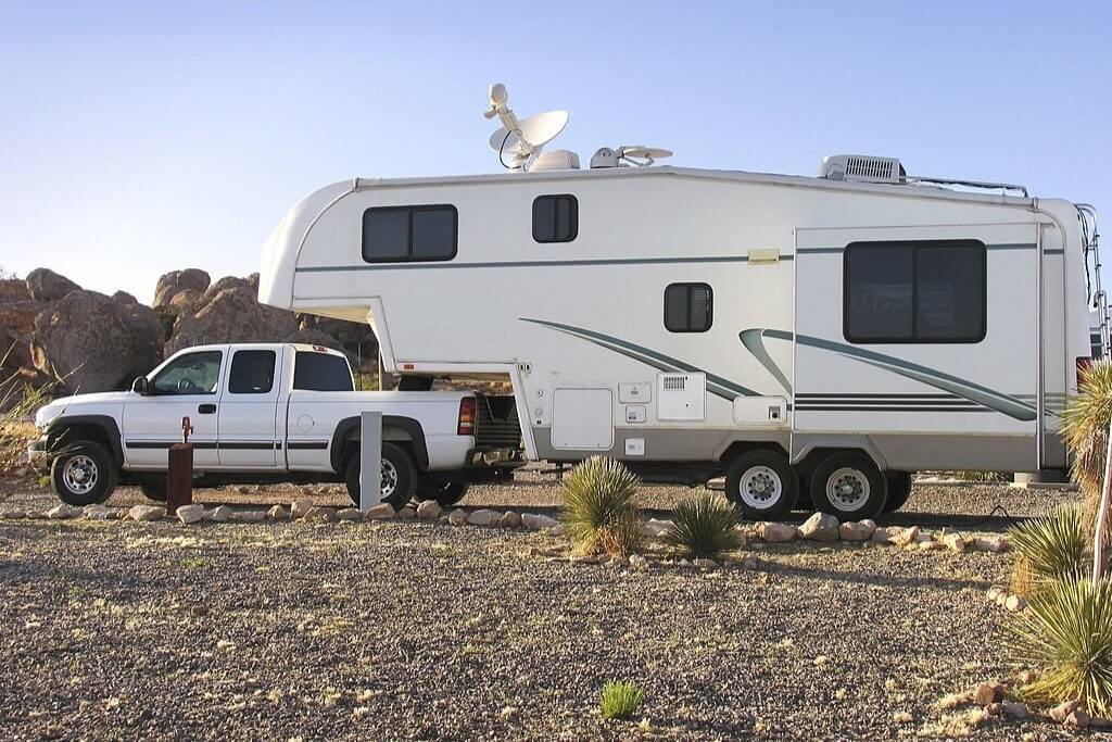 a parked fifth wheel trailer