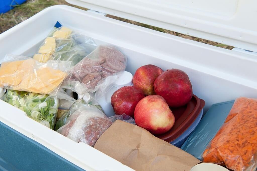 pre-prepped camping food in a cooler box