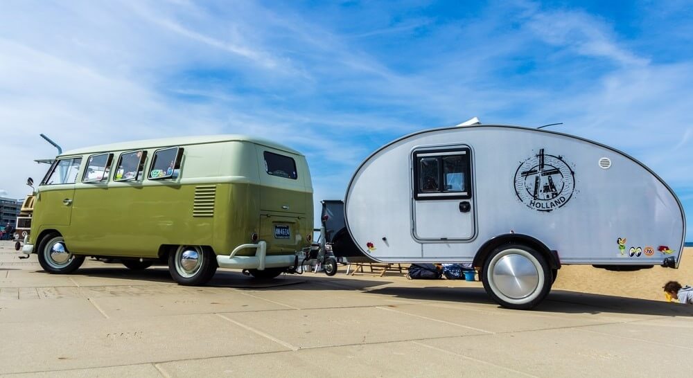 teardrop trailer being towed by a tow vehicle