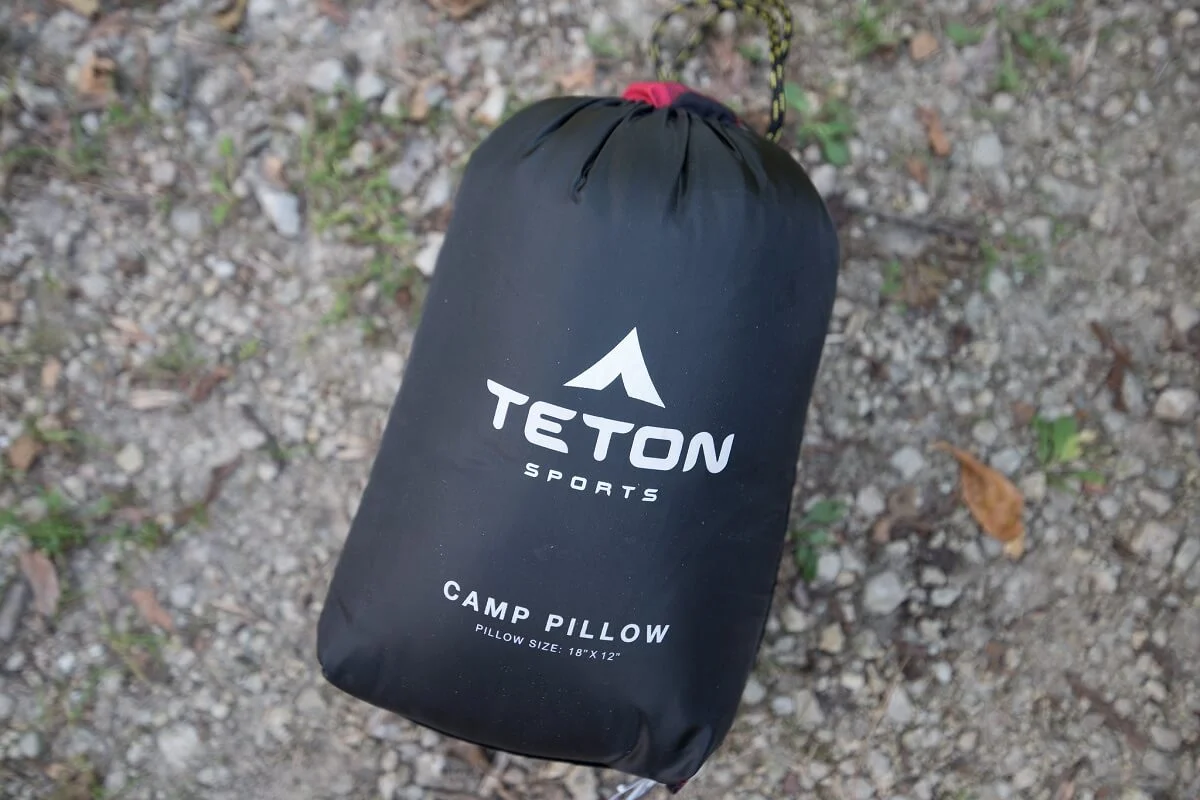 Teton Sports camping pillow for backpacking, in its stuff sack